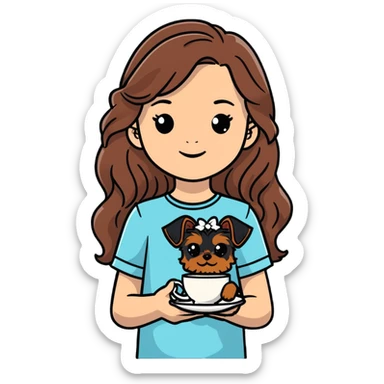 11 year old girl with freckles and long wavy brown hair, holding a teacup yorkie dog sticker