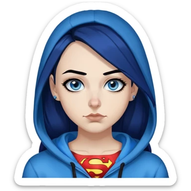 Laughing-30-year-old-adult-long-straight-dark-blue-hair-black-ends-blue-eyes-thick-black-eyeliner-really-thick-really-long-eye-lashes-sky-blue-superman-no-ears-hoodie-sweatshirt-nose-piercing-lip-piercing sticker