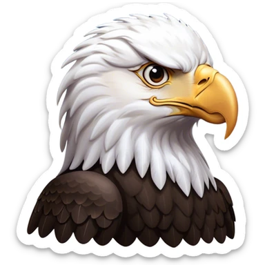 Cinematic Noble American Eagle Portrait Emoji, Poised and regal, with a powerful, broad build, a distinctive white-headed silhouette contrasting a dark, formidable body, and piercing, intense eyes, Simplified yet sharp and sophisticated features, highly detailed, glowing with a soft, majestic radiance, high shine, intelligent and commanding, stylized with an air of national pride, focused and vigilant, soft glowing outline, capturing the essence of a watchful and confident American eagle that appears ready to soar out of the screen with effortless authority! sticker