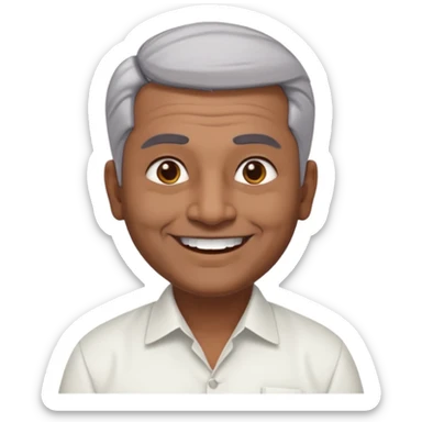 50 yr old indian man, dark skin, grey hair, big smile, white teeth, chubby, no moustache, clean shaven, young style hair, hair brushed back, 5 oclock shadow, bindy, dress shirt, forehead dot sticker