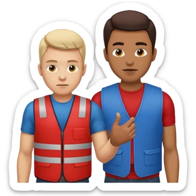 A guy with a red vest trying to tab a guy with a blue vest sticker