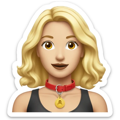 Put a Red leather dog collar and golden tag on a blond white female with medium length hair sticker