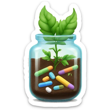 Glass jar with plant and pills as soil sticker