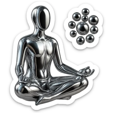 reflective chrome silhouette of a meditating person with a cluster of chrome spheres floating nearby, highly metallic sticker