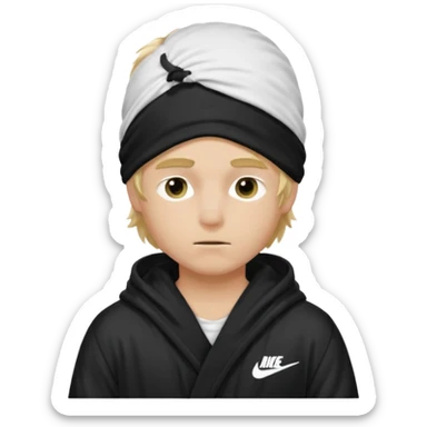 Create a blond boy with long, messy hair, light eyes, a white t-shirt, rich, with long hair, blue eyes, medium-length, voluminous hair, wearing a black Nike bathrobe and a little blush near his nose. and with a balaclava, type bandit balaclava covering the whole face[ sticker