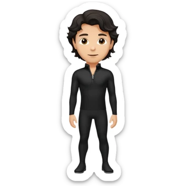 Caucasian man with black wavy hair wearing a long sleeve black spandex shirt with collar and zip to the chest sticker