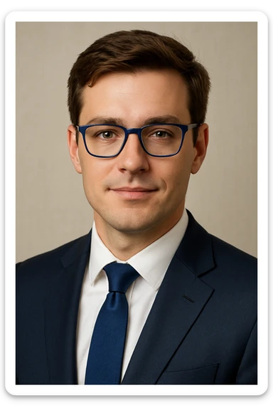portrait of a young white man with brown hair, wearing blue-framed glasses and a business suit, exuding trust and respect, professional and confident expression sticker