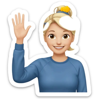 50 year old blonde woman with bun in casual clothes and sweat shirt waving sticker