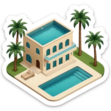light beige luxury villa with dark green palm trees and swimming pool, top view, emoji style sticker