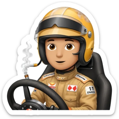 drifting car with tires smoke and a driver with a f1 helmet sticker