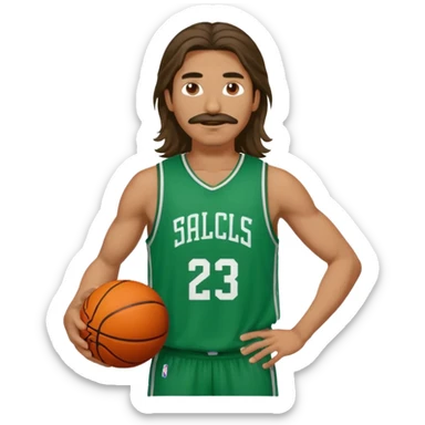long haired man basketball player green jersey with mustache holding basket ball sticker
