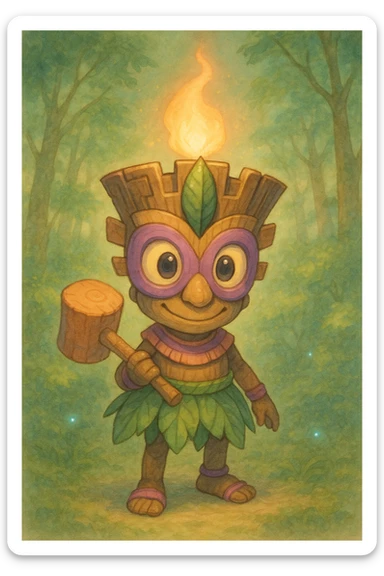 Create a whimsical tiki character inspired by the provided reference image, rendered in Ghibli style with soft colors and a magical atmosphere. Focus on capturing the charm and mystical vibe typical of Ghibli illustrations. sticker