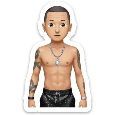 Chester Bennington with black sequin baggy pants, shirtless with necklace sticker