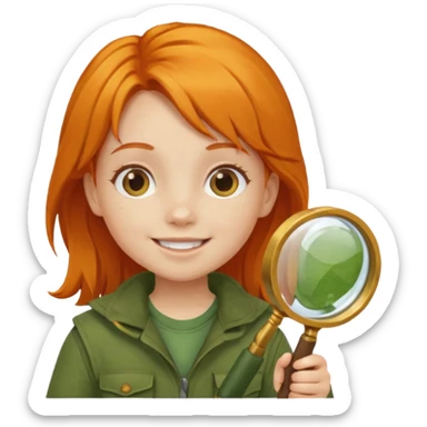 braid orange haired girl kid in moss green explorer outfit, holding magnifying glass, smile sticker