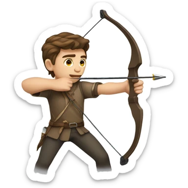 a male archer aiming with a bow, brown hair, bright skin, sticker