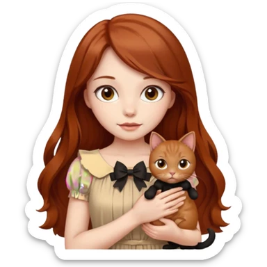 a beautiful girl with long red and brown hair, clear brown eyes, in a beige dress and with a beige bow holds two black cat in her hands sticker