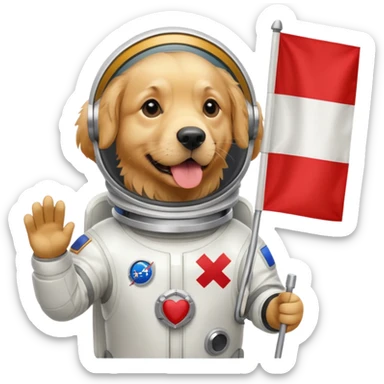 golden retriever in space suit holding red rectangle flag sticker