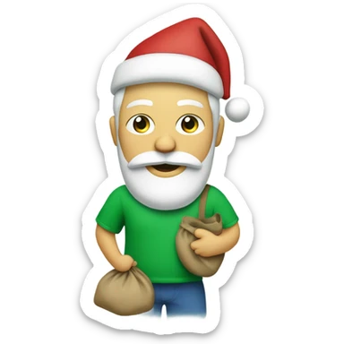 Santa with beard, carrying his sack while wearing a green t-shirt with the words ‘Greenwich Health’ written in white letters  sticker