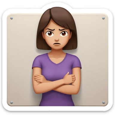woman with avoidant attachment style with angry expression, arms firmly crossed creating barrier, body turned slightly away showing emotional distance, dismissive cold eyes, small wall or barrier symbol nearby sticker