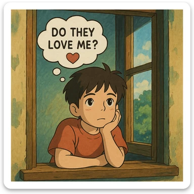ghibli style illustration of a boy gazing out a window, dreamy expression, thought bubble with 'do they love me?' and a heart sticker