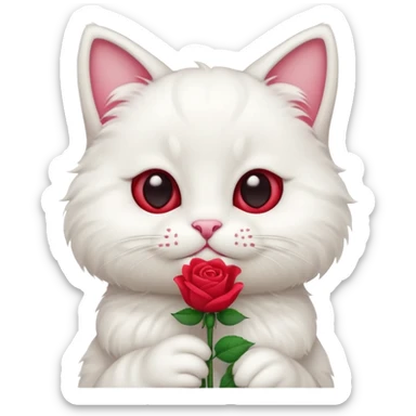 Cute emoji-style white cat holding a red rose in its mouth, big round eyes, fluffy fur, clean mascot style, centered, transparent background, 1:1 ratio. sticker