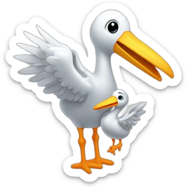 stork delivering a white human baby boy in fabric held in its beak you can see the baby head from the fabric with a smile sticker