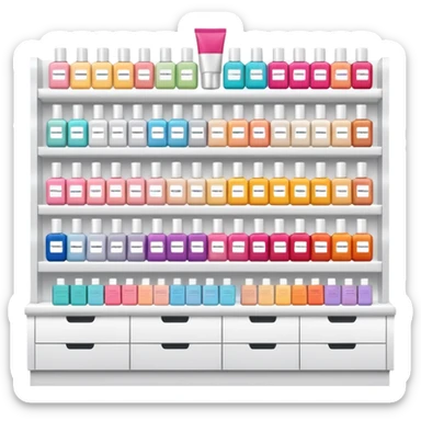 big beauty salon showcase with well-organized brand-labeled beauty products on a white shelves sticker