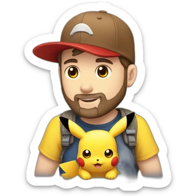 white man with brown hair and beard and a red cap, holding and a pikachu pokemon sticker