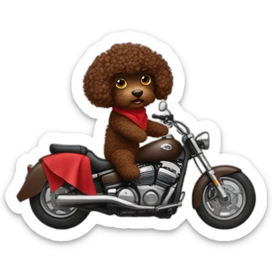 A chocolate brown doodle with curly fur wearing a red and black handkerchief riding a motorcycle sticker