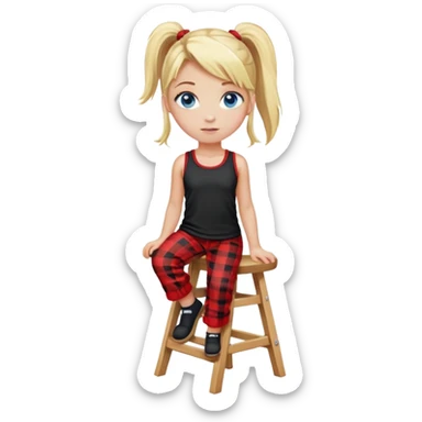 A blonde girl with a ponytail, a black tank top, and red plaid pajama pants, and blue eyes, standing on top of a stool sticker