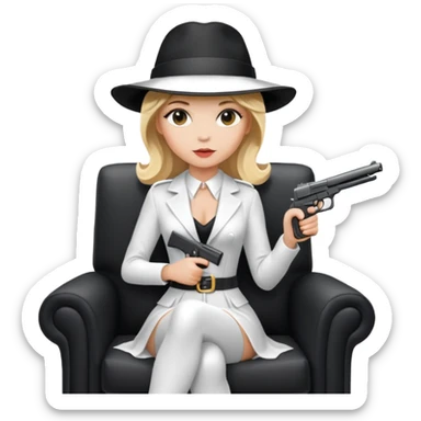 Mafia blondes Evil woman in hat , gun ,black armchair , white costume  sticker