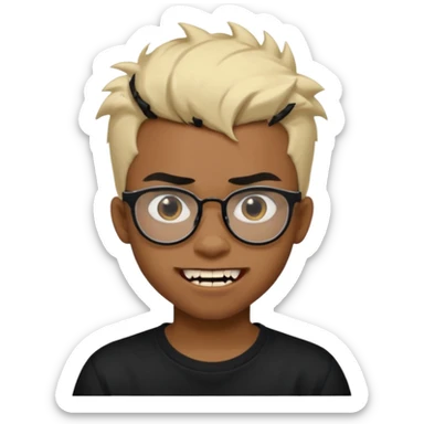 Black Male Teenager with Short punk messy blonde hair, Dark brown bushy eyebrows large expressive golden-brown eyes, wearing a plain white t-shirt, wearing thick black glasses, Dark Brown skin color. Showing off his singular vampire tooth sticker