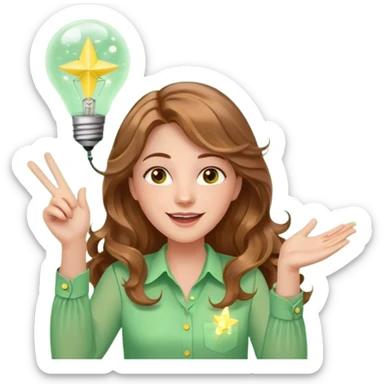 Joyful and imaginative woman with fair skin, long wavy light brown hair, hazel eyes, wearing a light green blouse with yellow accents, holding a glowing lightbulb and gesturing outward. Surrounded by stars, sparkles, speech bubbles, a paper plane, and a small heart. Waist-up, front-facing sticker