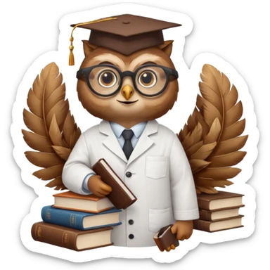 Wise owl with glasses, wearing a lab coat, perched on a stack of books. sticker