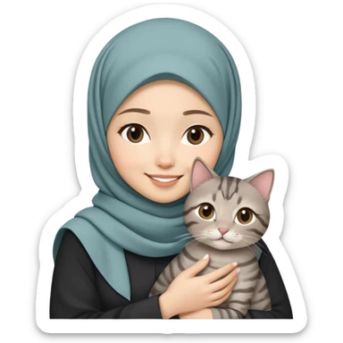 Asian white girl wearing hijab holding a black grey tabby cat while smiling sticker