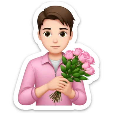 A cool bad boy with fair skin holding a bouquet of pink jasmine roses sticker