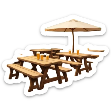 Cinematic Realistic Biergarten Pop Culture Emoji, showcasing a charming outdoor beer garden scene rendered with rustic details and inviting, soft lighting. sticker