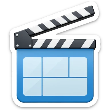 ultra simplified movie clapper with blue and white colors, two simple rectangles with a diagonal line sticker