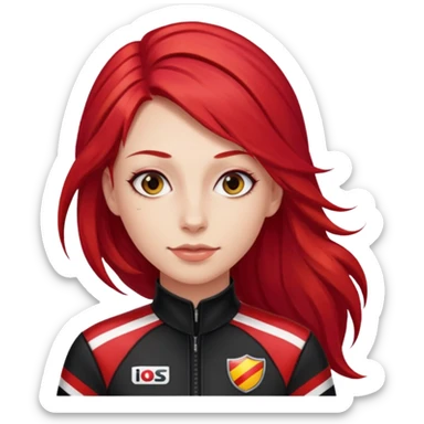 red long hair woman with black racing outfit with red strips sticker