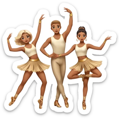 "Icon for Contemporary Dance: a synchronized guys and girls group performance on stage with backup dancers, bright stage lighting, and stylish dance outfits. The icon should capture the energy, precision, and excitement of a modern group dance performance. Transparent background. sticker
