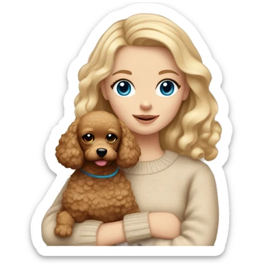Pretty blue eyed white girl with blonde wave hair in a beige sweater holding a brown sweet toy poodle sticker