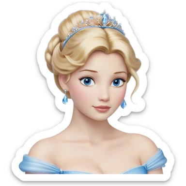 Cinematic Realistic Cinderella Portrait, depicted with lifelike skin texture, subtle rosy undertones, and soft natural lighting that enhances the gentle contours of her face. Her intricately detailed golden blonde hair is elegantly styled in an updo, with delicate wisps framing her face for added realism. Her deep, expressive blue eyes radiate warmth and sincerity, reflecting a quiet resilience and grace. She is dressed in her iconic ball gown, the fabric shimmering with intricate embroidery and fine translucent layers that catch the light beautifully. The soft sheen of satin gloves and the delicate sparkle of a glass-like slipper peeking from beneath her dress add a touch of magical realism. The portrait features an enchanting glow with a natural, luminous finish, seamlessly blending realism and fairytale charm to evoke a sense of depth, elegance, and timeless beauty. sticker