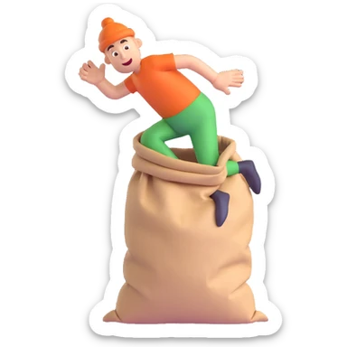 a man with both legs inside of a sack up to the waist, jumping, cartoonish, bright colors, 3D style sticker