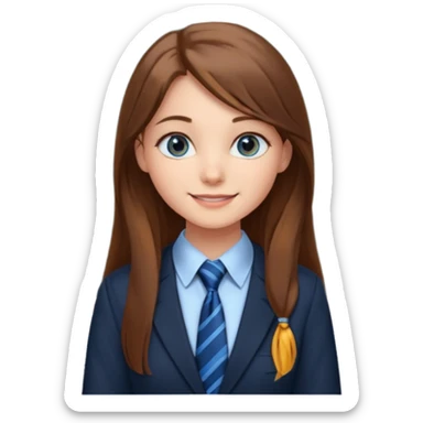 high school class room with a pretty female high school student with long brown hair, blue eyes, wearing a tie, sitting in front of the blackboard sticker