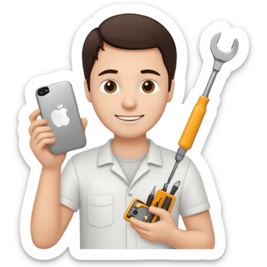 make a white guy with dark brown hair, with a simple white o grey shirt, repairing an iphone happy, tecnician with tools sticker
