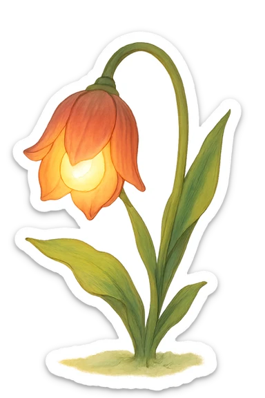a lamp made out of a tulip flower, the bulb in the flower, drooping over, natural colors, soft, fairy-like atmosphere, no background sticker