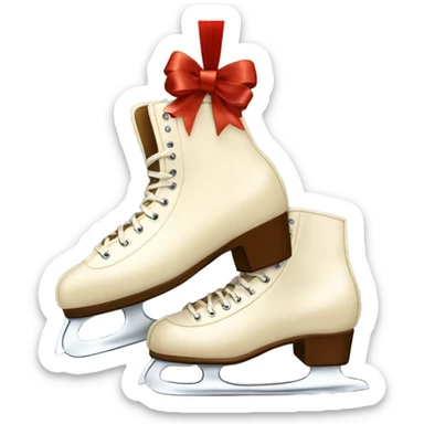 Cream color pair of ice skates hanging from a long brown bow sticker