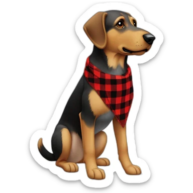 75% Coonhound 25% German Shepherd mix dog wearing small pointed red buffalo plaid bandana side view full body facing left sticker