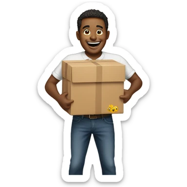 A man carrying many suprise box and smiling sticker