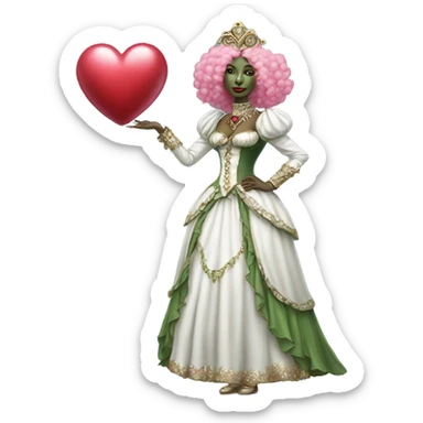 a green amazon alien woman in Victorian white gold, pink hair,holdig, red big hearth, full body sticker